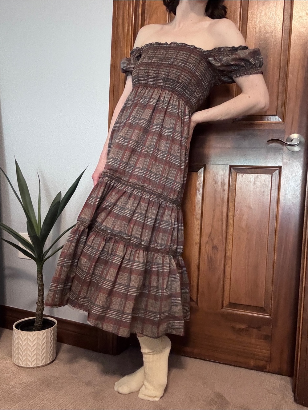 O.P.T. Tiered Midi Dress in Reddish Brown and Blue Plaid - Picture 2 of 6